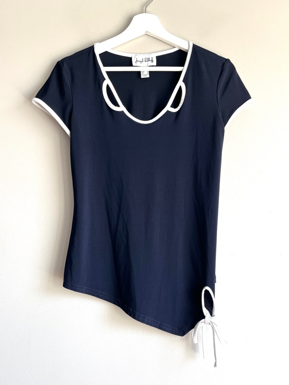 Joseph Ribkoff asymmetrical top 4 navy blue trim shirt side tie cutout neck